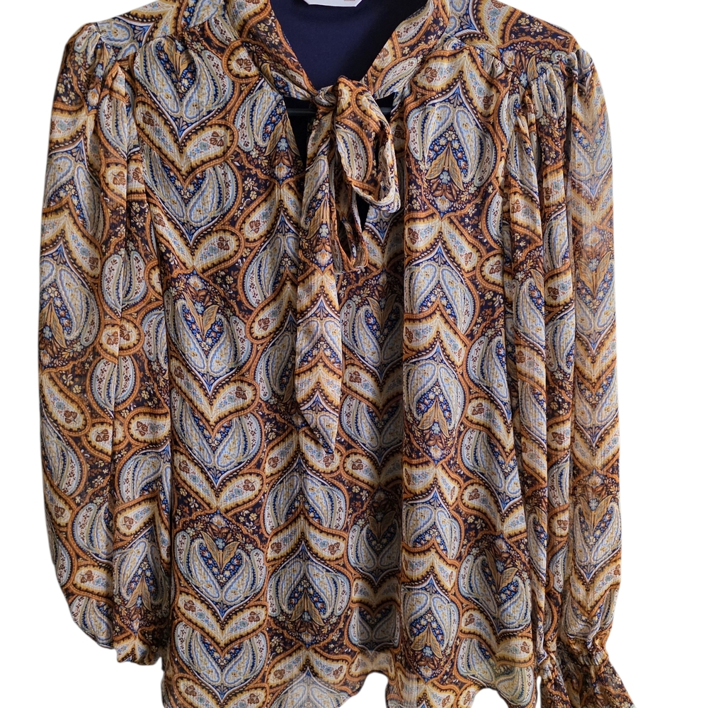 LC Lauren Conrad Paisley Tie-Neck Blouse in Brown and Blue